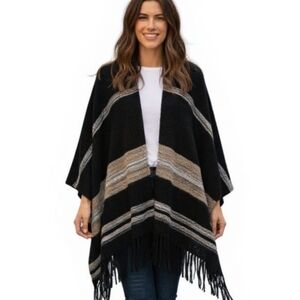 Goddis Black & Gray Alpaca Wool Blend Striped Shawl With Fringe Wrap Poncho